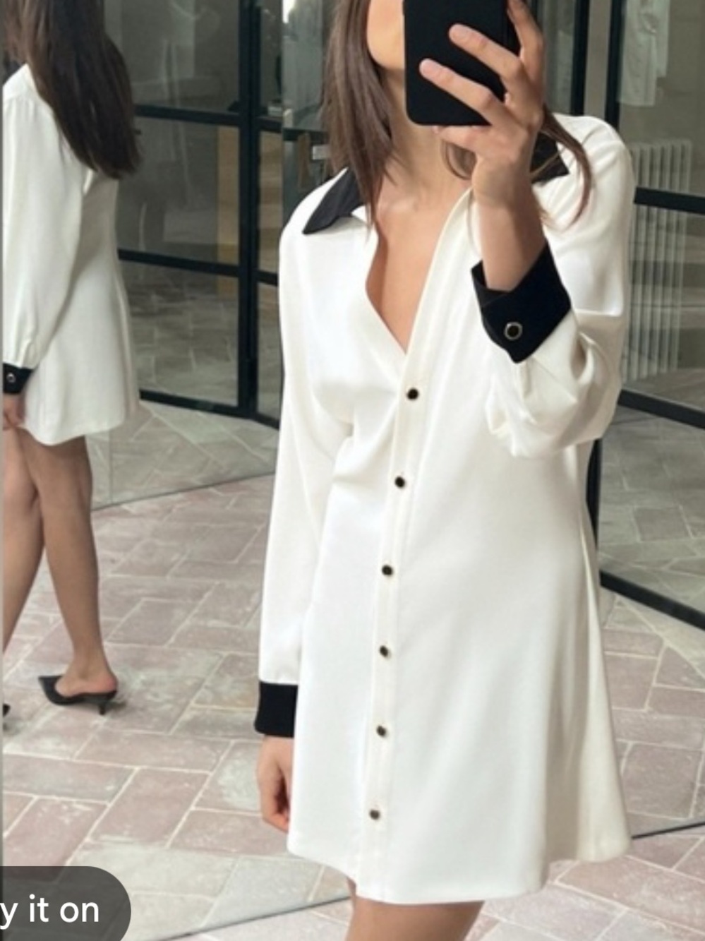 Zara White Shirt Dress with Black Collar & Cuffs XL